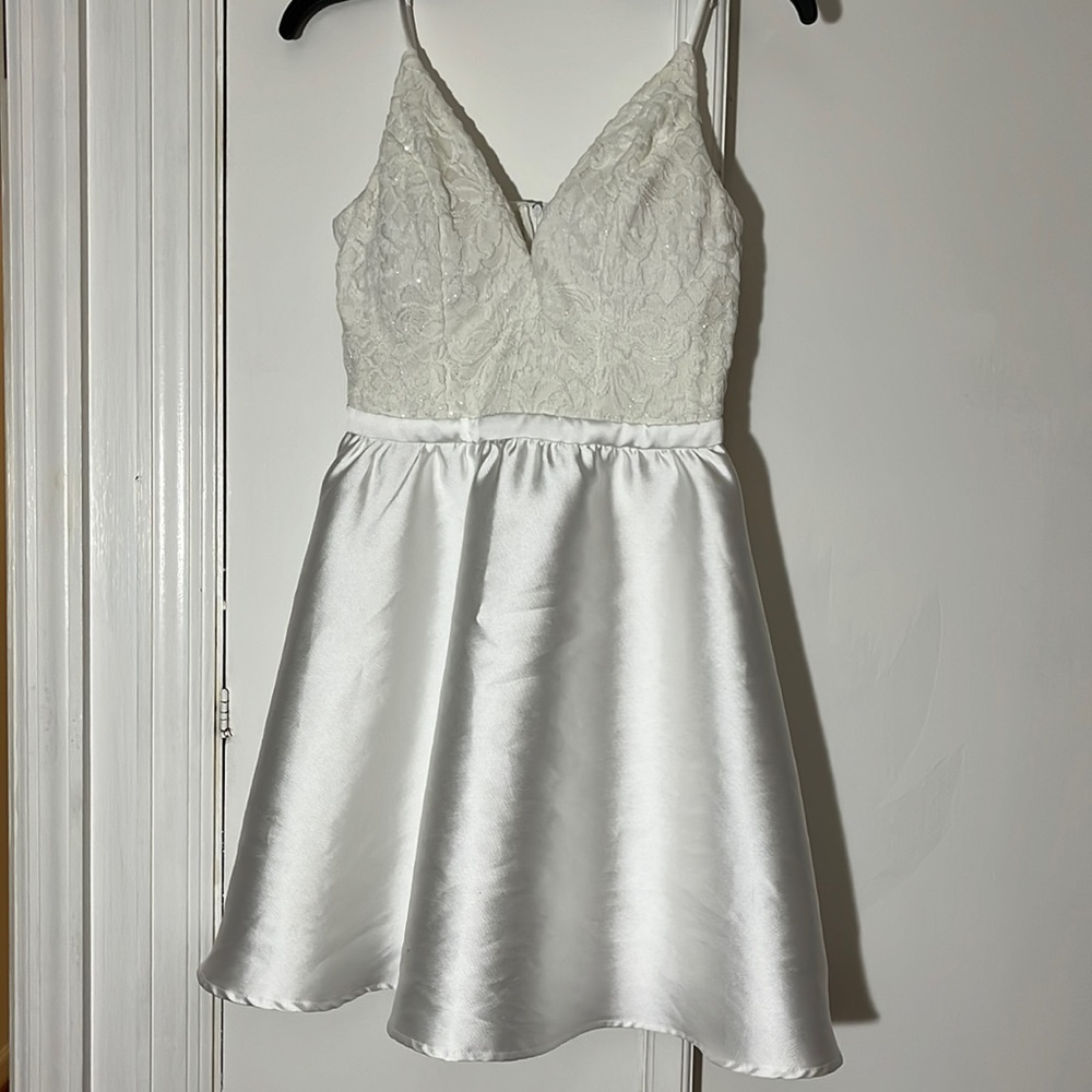 Juniors size 7 white, lace and satin spaghetti strap dress, worn once
